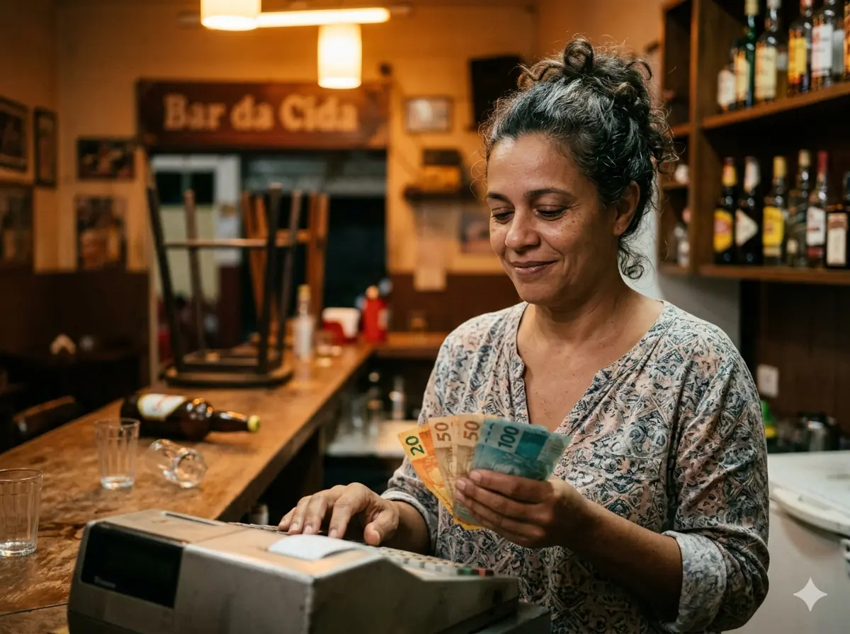 Dona do bar contando dinheiro no caixa