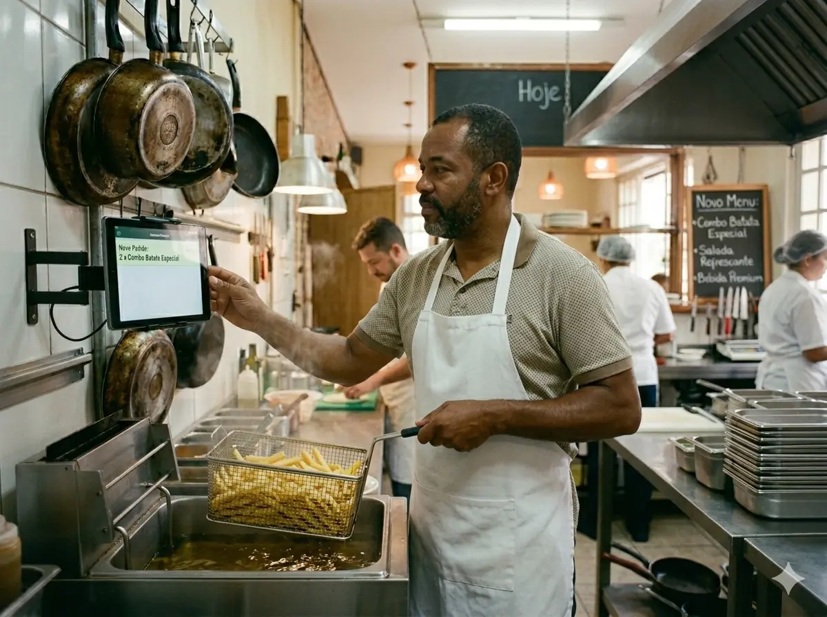 Cozinheiro vendo pedido na tela KDS