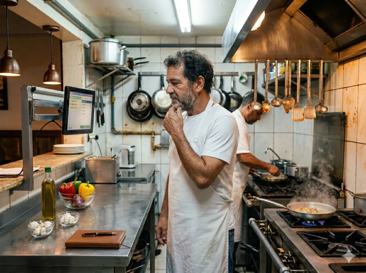 Cozinheiro vendo a tela KDS na cozinha do bar