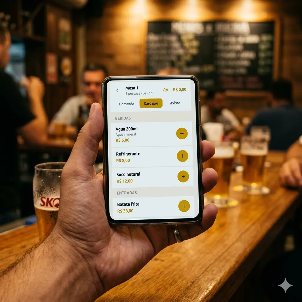 Mão segurando celular com app Comandinha aberto no cardápio