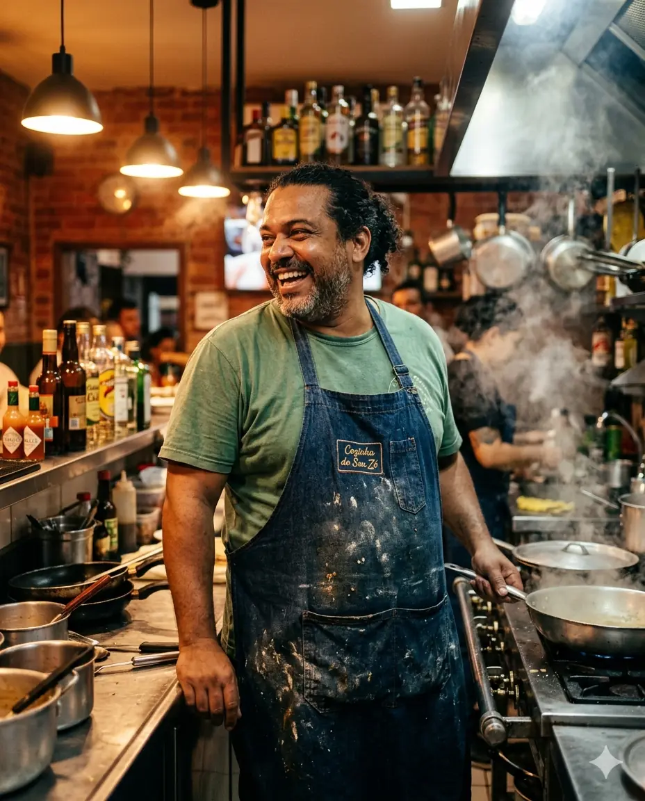 Chef de bar brasileiro sorrindo na cozinha