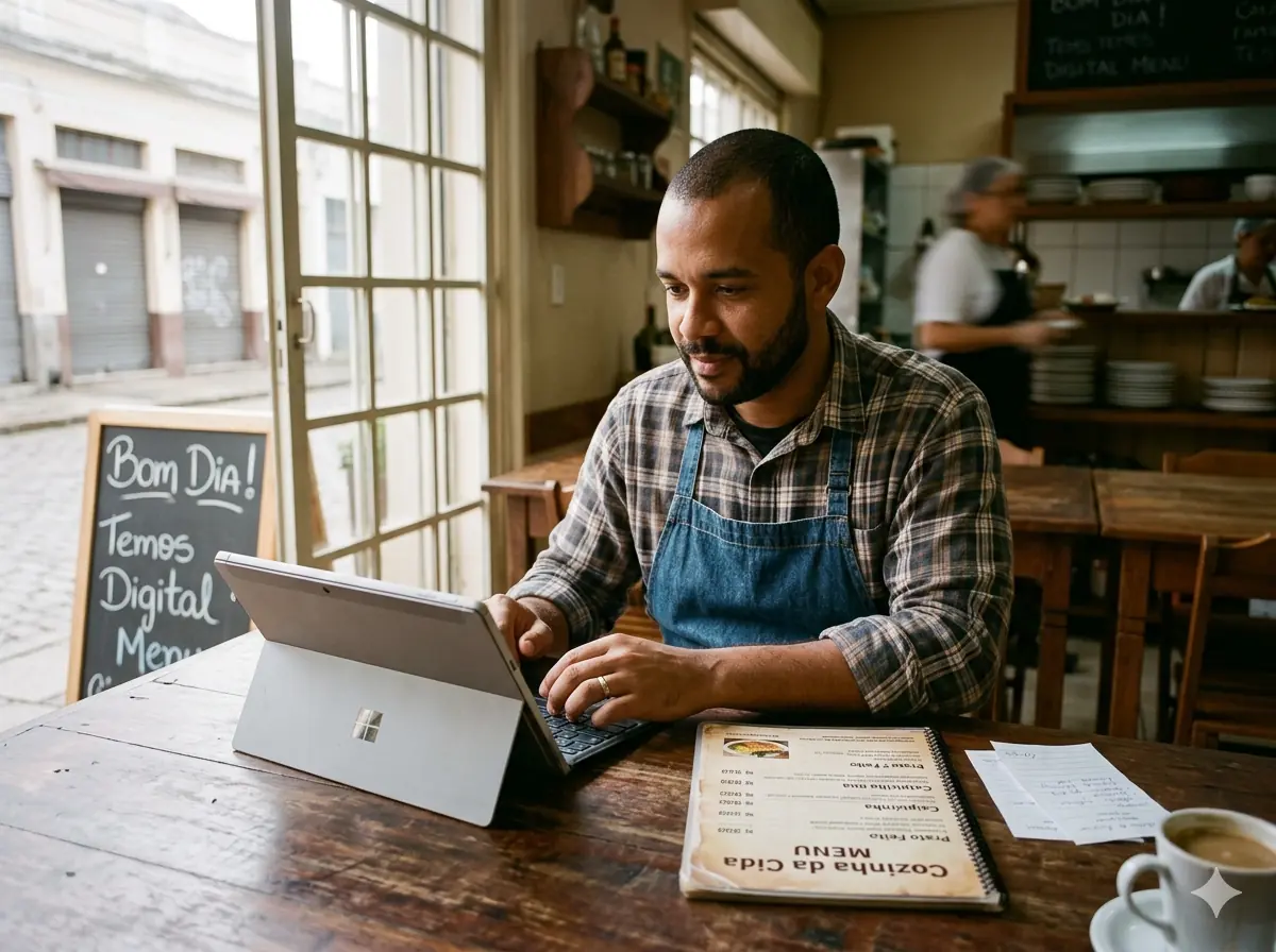 Dono de bar configurando o sistema no tablet